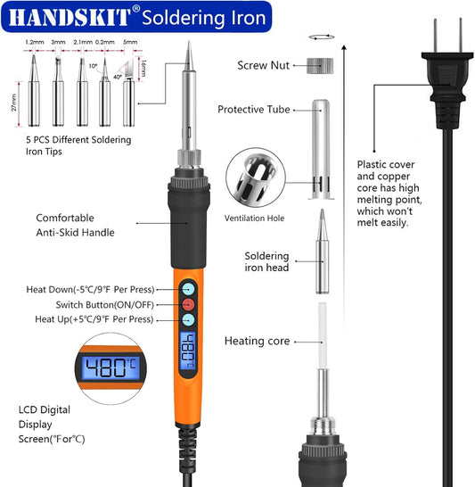 Soldering Iron Kit, 90W Soldering Iron LCD Adjustable Temperature, 13 in 1 Soldering Welding Iron Gun Kit with 5 Tips, Flux, Desoldering Pump, Stand, Tweezers, Wire Cutter, Solder Wire, Sponge, 110V - HANDSKIT