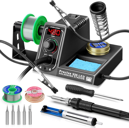 Preciva 926 LED Soldering Iron Kit, 90℃-480℃ Soldering Station with 2 Helping Hands, 130W Digital Display Portable Solder Station, Auto Sleep Mode, Temperature Lock Function, with 5 Tips