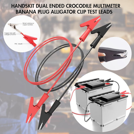 HANDSKIT Multimeter Test Leads and Probes, Dual Ended Alligator Clips, 4mm Banana Plug Test Hooks, Heavy Duty Wire Cable with Insulators