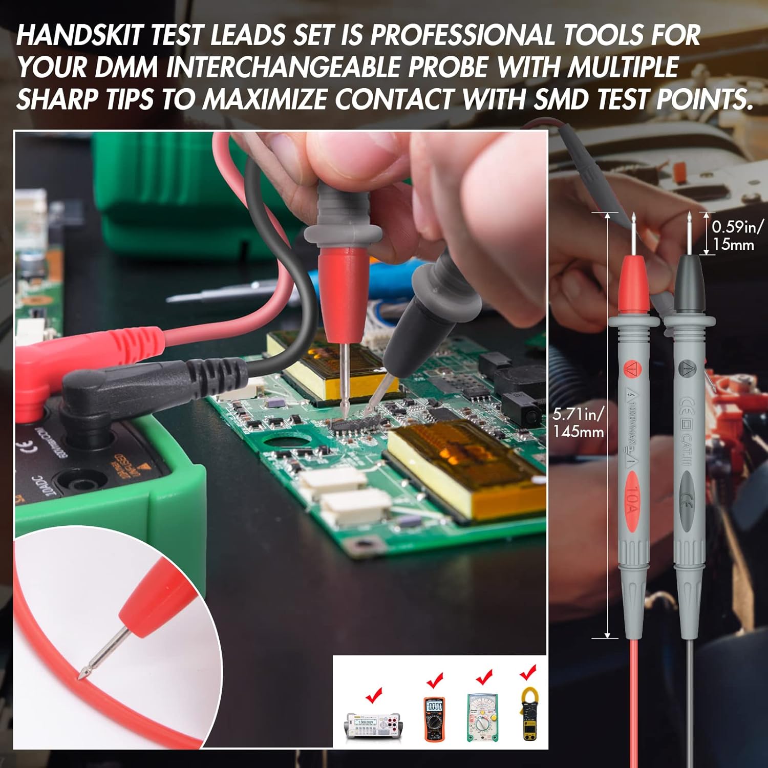 Electrical Multimeter Test Leads Set with Alligator Clips Test Hook Test Probes Lead Professional Kit 1000V 10A CAT.II - HANDSKIT