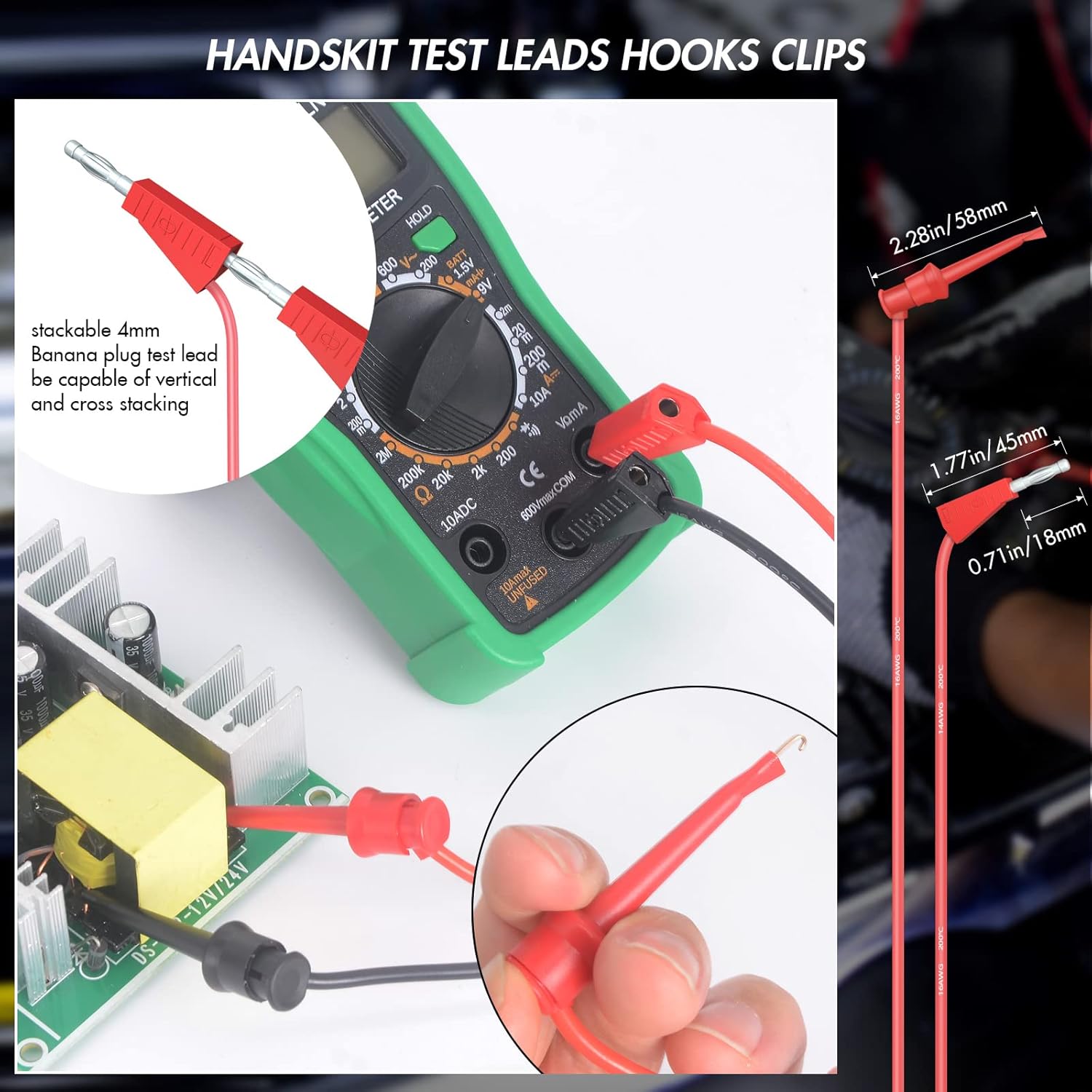 Electrical Multimeter Test Leads Set with Alligator Clips Test Hook Test Probes Lead Professional Kit 1000V 10A CAT.II - HANDSKIT