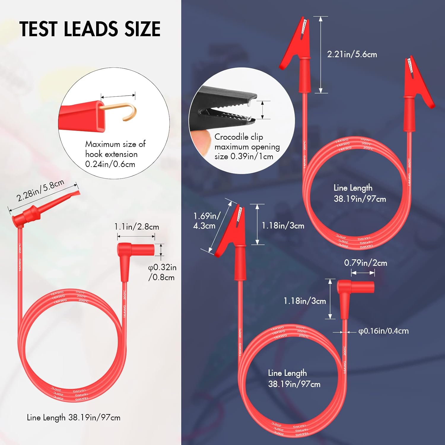 HANDSKIT Multimeter Test Leads and Probes, Dual Ended Alligator Clips, 4mm Banana Plug Test Hooks, Heavy Duty Wire Cable with Insulators - HANDSKIT