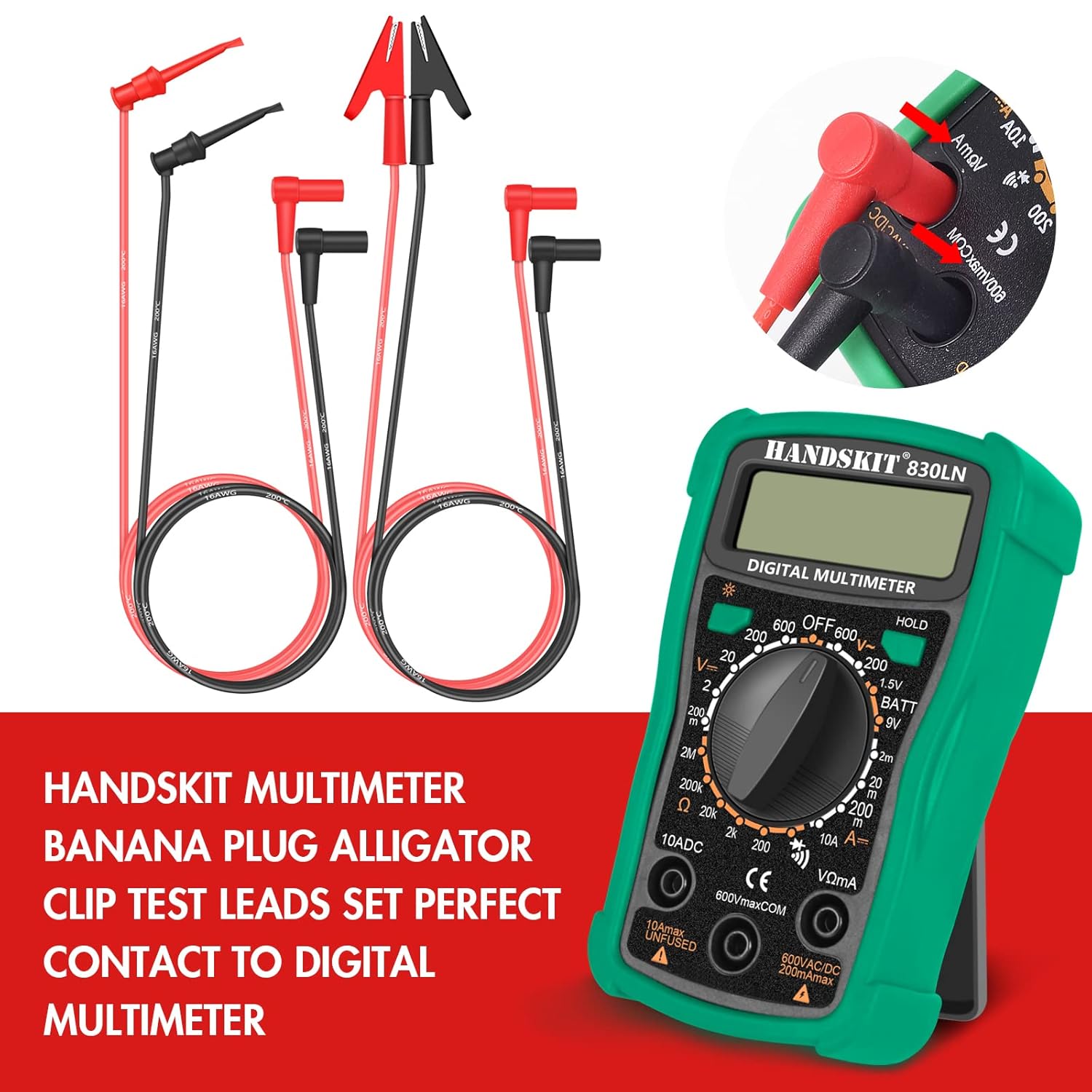 HANDSKIT Multimeter Test Leads and Probes, Dual Ended Alligator Clips, 4mm Banana Plug Test Hooks, Heavy Duty Wire Cable with Insulators - HANDSKIT
