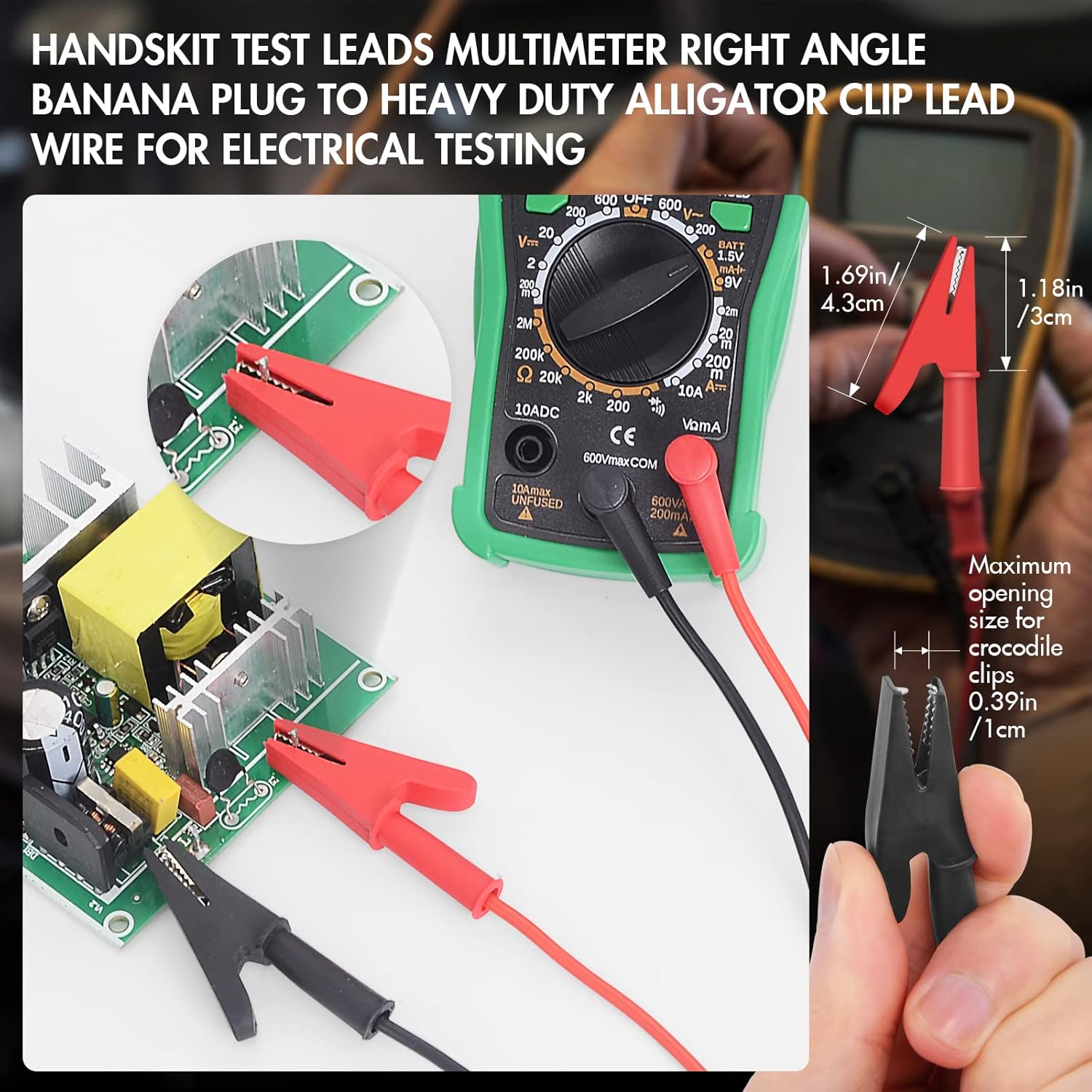 HANDSKIT Multimeter Test Leads and Probes, Dual Ended Alligator Clips, 4mm Banana Plug Test Hooks, Heavy Duty Wire Cable with Insulators - HANDSKIT