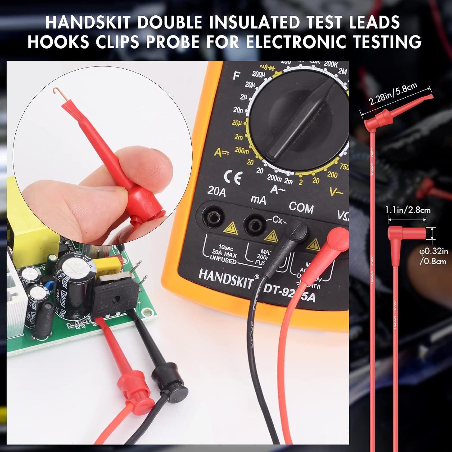 HANDSKIT Multimeter Test Leads and Probes, Dual Ended Alligator Clips, 4mm Banana Plug Test Hooks, Heavy Duty Wire Cable with Insulators - HANDSKIT