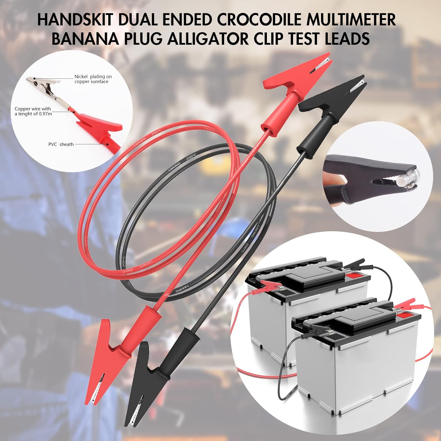 HANDSKIT Multimeter Test Leads and Probes, Dual Ended Alligator Clips, 4mm Banana Plug Test Hooks, Heavy Duty Wire Cable with Insulators - HANDSKIT