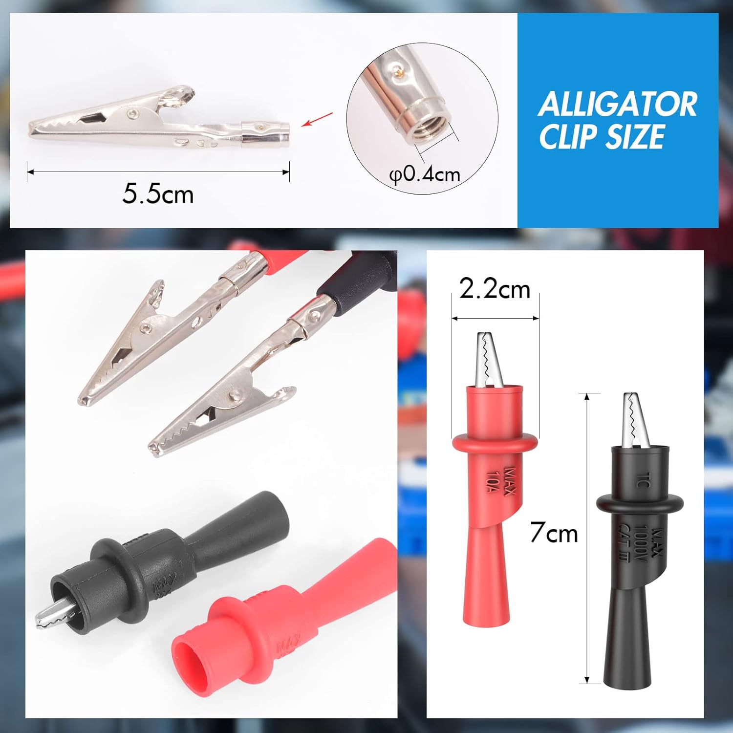 Insulated Test Leads CAT III 1000V with Threaded Alligator Clips, 4mm Test Leads Probes - HANDSKIT