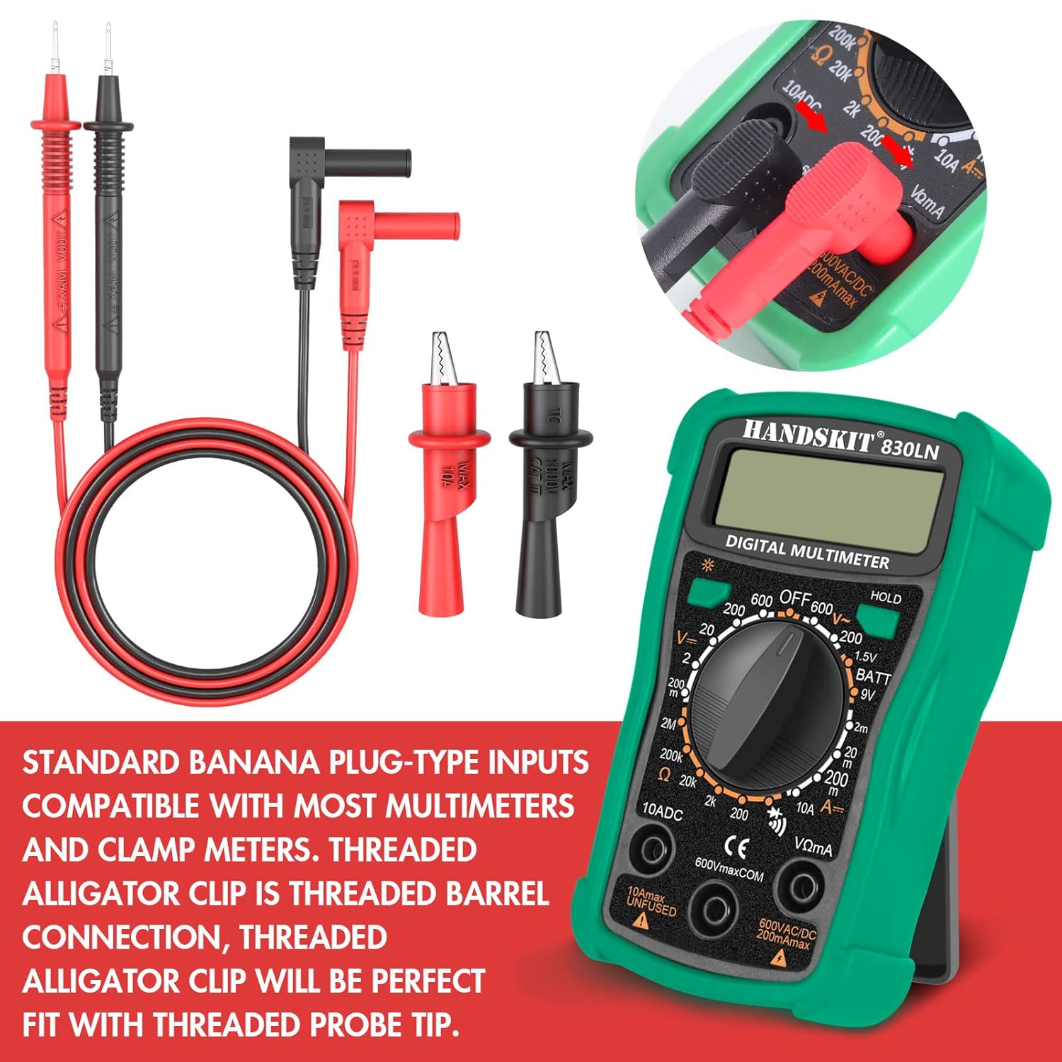 Insulated Test Leads CAT III 1000V with Threaded Alligator Clips, 4mm Test Leads Probes - HANDSKIT
