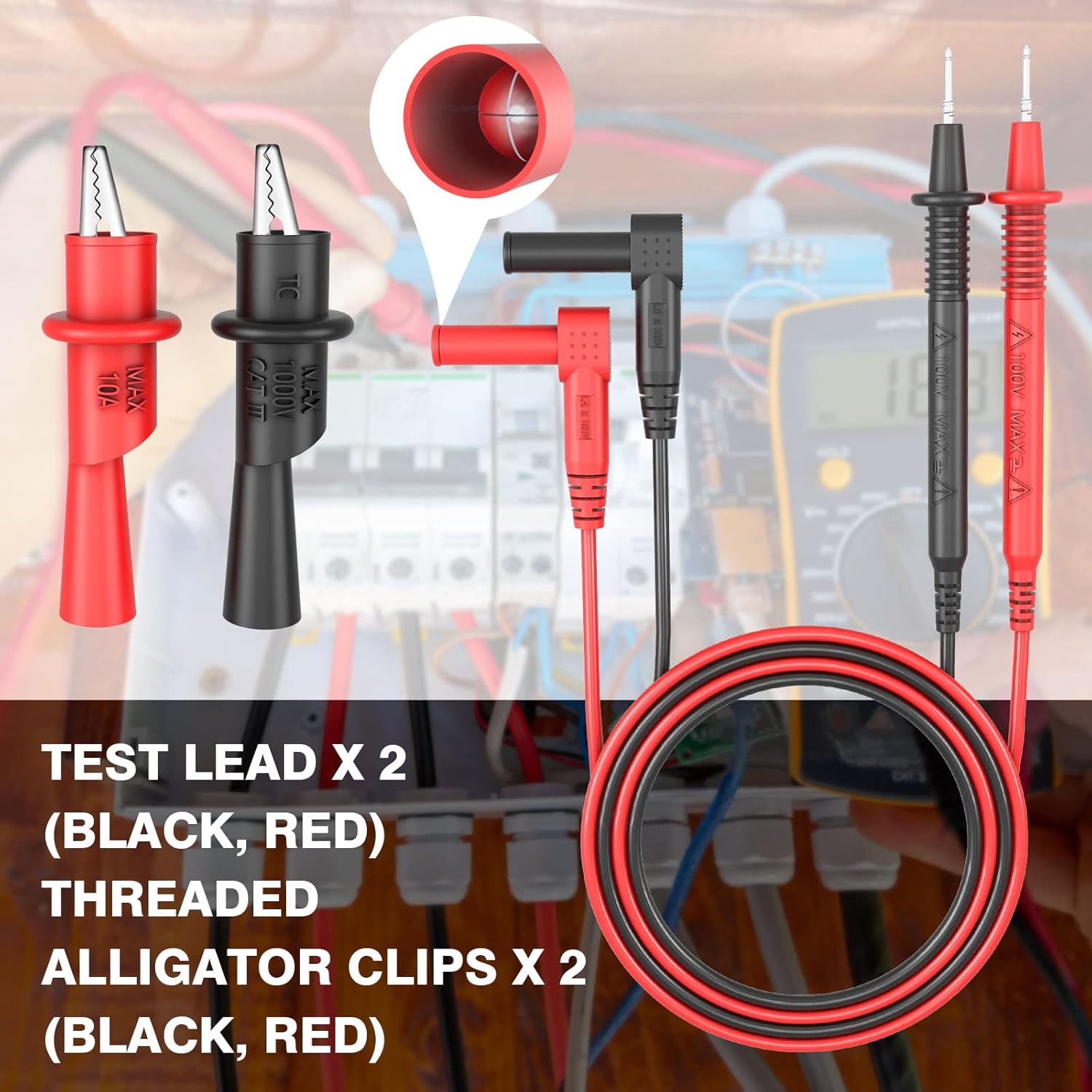 Insulated Test Leads CAT III 1000V with Threaded Alligator Clips, 4mm Test Leads Probes - HANDSKIT