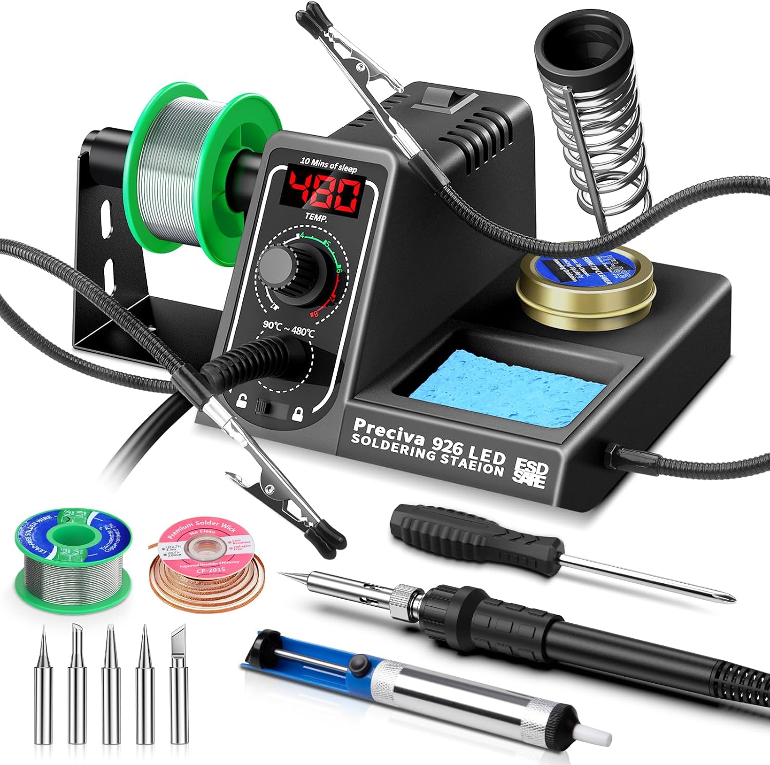 Preciva 926 LED Soldering Iron Kit, 90℃ - 480℃ Soldering Station with 2 Helping Hands, 130W Digital Display Portable Solder Station, Auto Sleep Mode, Temperature Lock Function, with 5 Tips - HANDSKIT