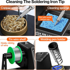 Preciva 926 LED Soldering Iron Kit, 90℃ - 480℃ Soldering Station with 2 Helping Hands, 130W Digital Display Portable Solder Station, Auto Sleep Mode, Temperature Lock Function, with 5 Tips - HANDSKIT