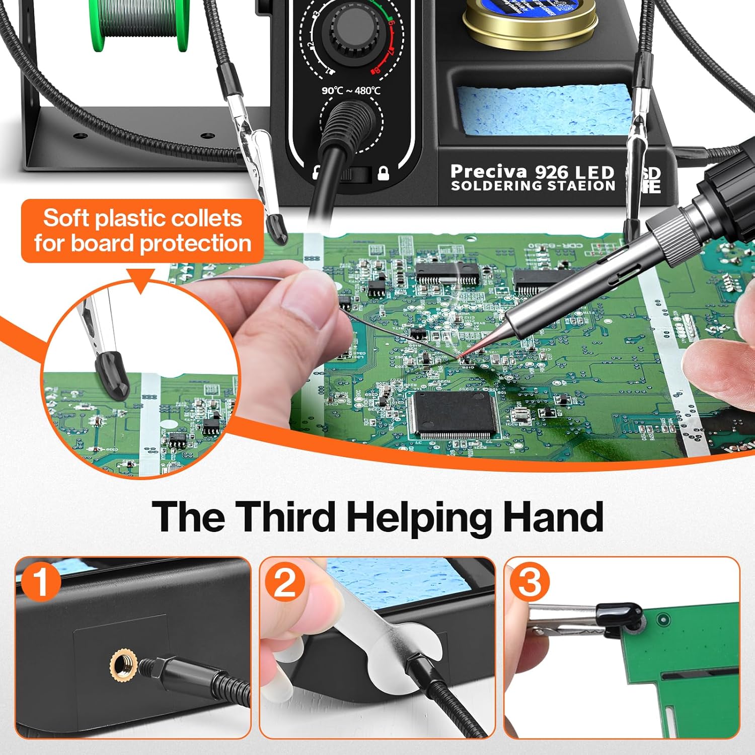 Preciva 926 LED Soldering Iron Kit, 90℃ - 480℃ Soldering Station with 2 Helping Hands, 130W Digital Display Portable Solder Station, Auto Sleep Mode, Temperature Lock Function, with 5 Tips - HANDSKIT