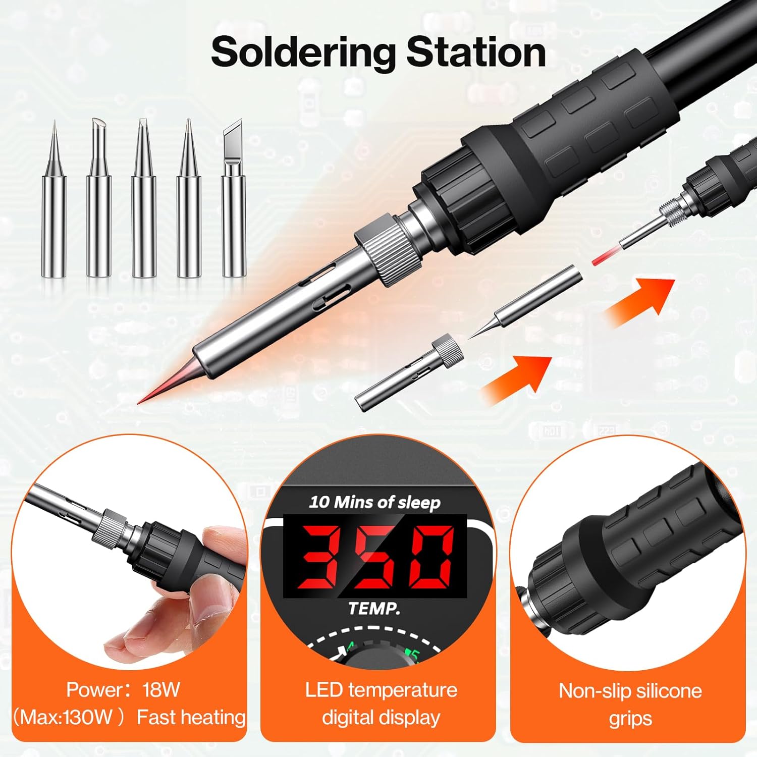 Preciva 926 LED Soldering Iron Kit, 90℃ - 480℃ Soldering Station with 2 Helping Hands, 130W Digital Display Portable Solder Station, Auto Sleep Mode, Temperature Lock Function, with 5 Tips - HANDSKIT