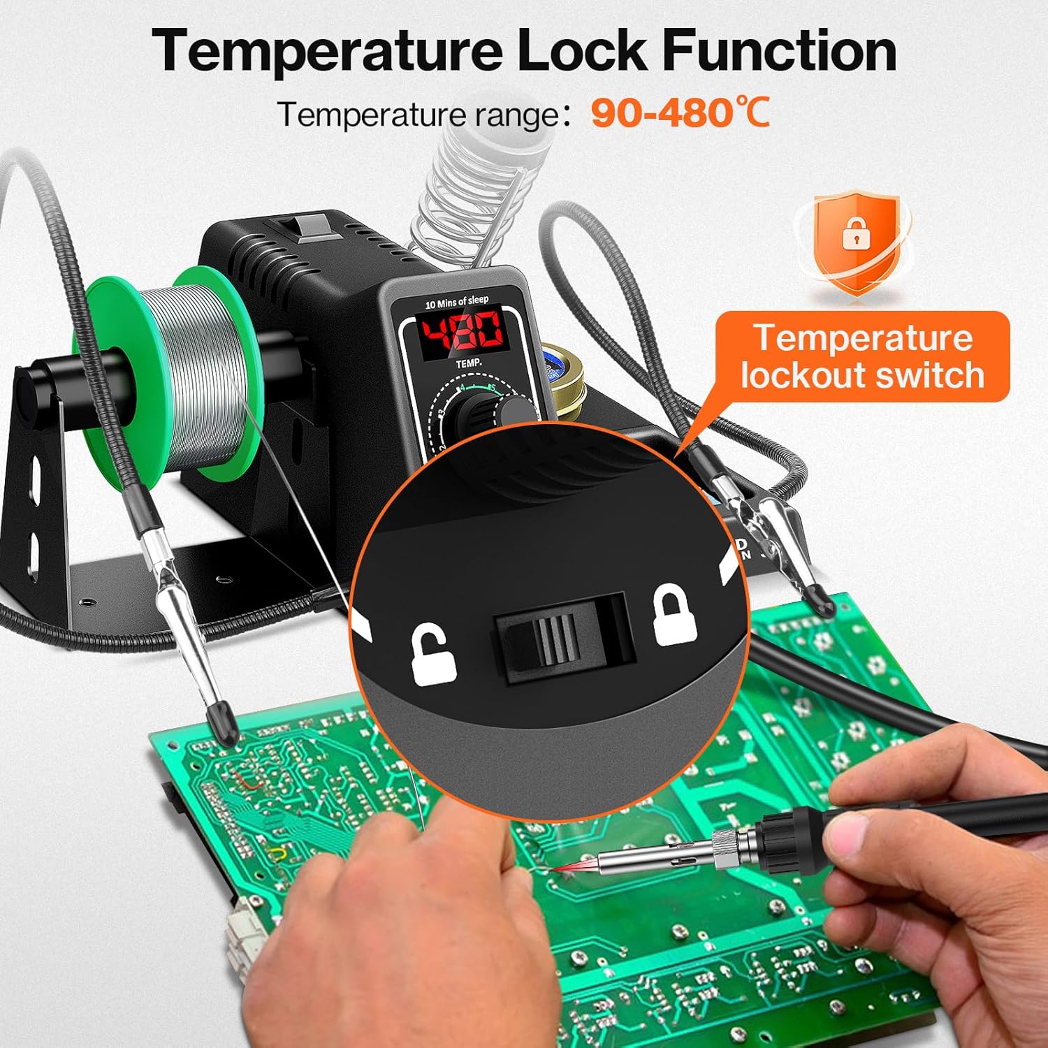 Preciva 926 LED Soldering Iron Kit, 90℃ - 480℃ Soldering Station with 2 Helping Hands, 130W Digital Display Portable Solder Station, Auto Sleep Mode, Temperature Lock Function, with 5 Tips - HANDSKIT