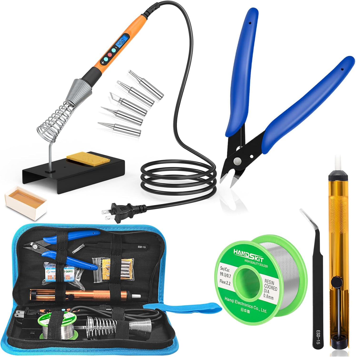 Soldering Iron Kit, 90W Soldering Iron LCD Adjustable Temperature, 13 in 1 Soldering Welding Iron Gun Kit with 5 Tips, Flux, Desoldering Pump, Stand, Tweezers, Wire Cutter, Solder Wire, Sponge, 110V - HANDSKIT