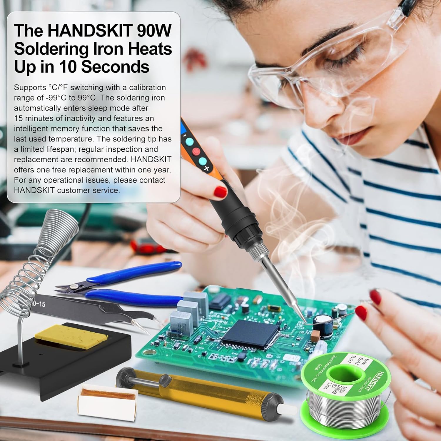 Soldering Iron Kit, 90W Soldering Iron LCD Adjustable Temperature, 13 in 1 Soldering Welding Iron Gun Kit with 5 Tips, Flux, Desoldering Pump, Stand, Tweezers, Wire Cutter, Solder Wire, Sponge, 110V - HANDSKIT