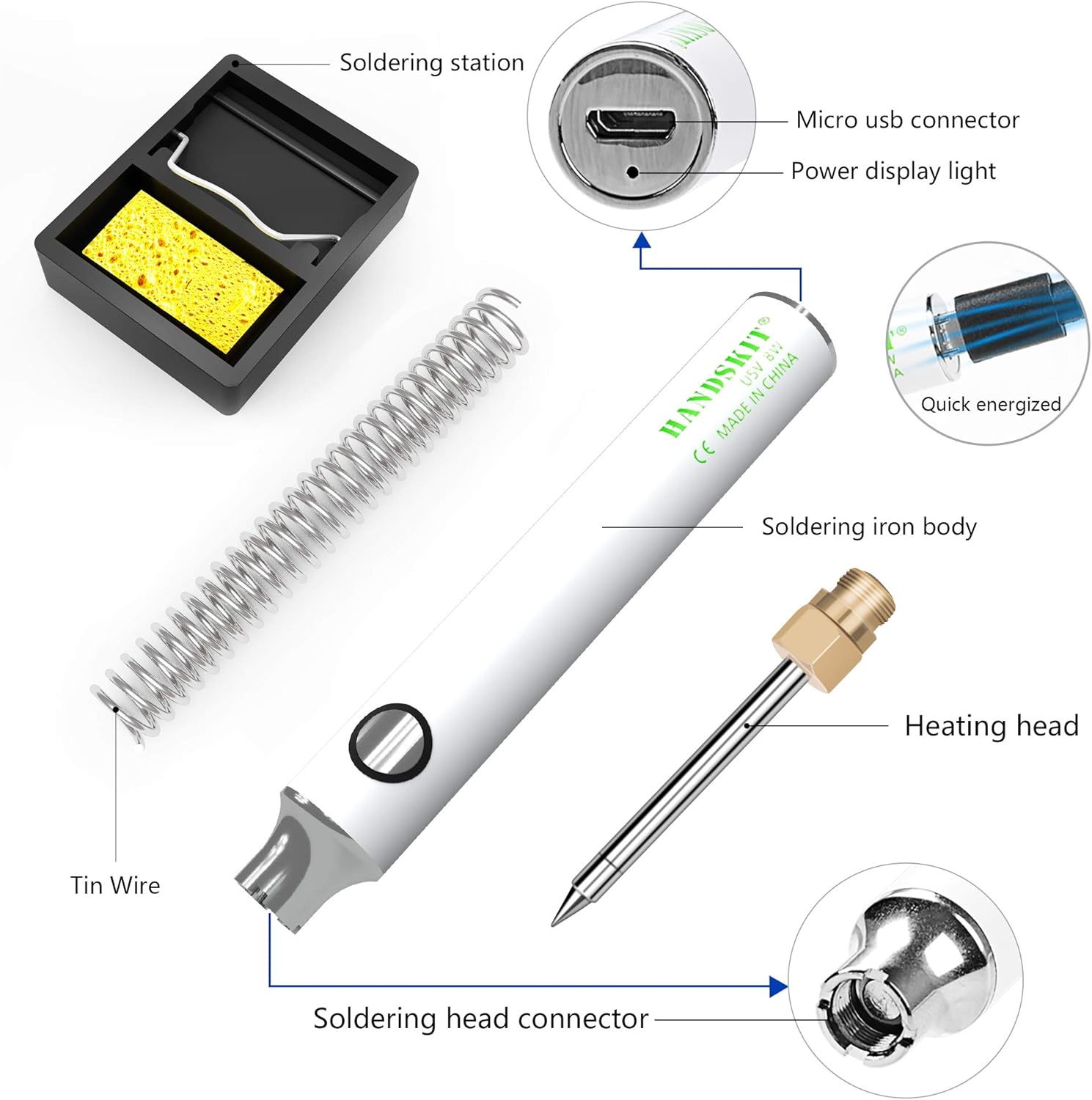 Soldering Iron Kit, HANDSKIT 8W Soldering Iron Welding Tools with Adjustable Temperature 300 - 450°C Soldering Kit with Solder Stand, Solder Wire - HANDSKIT