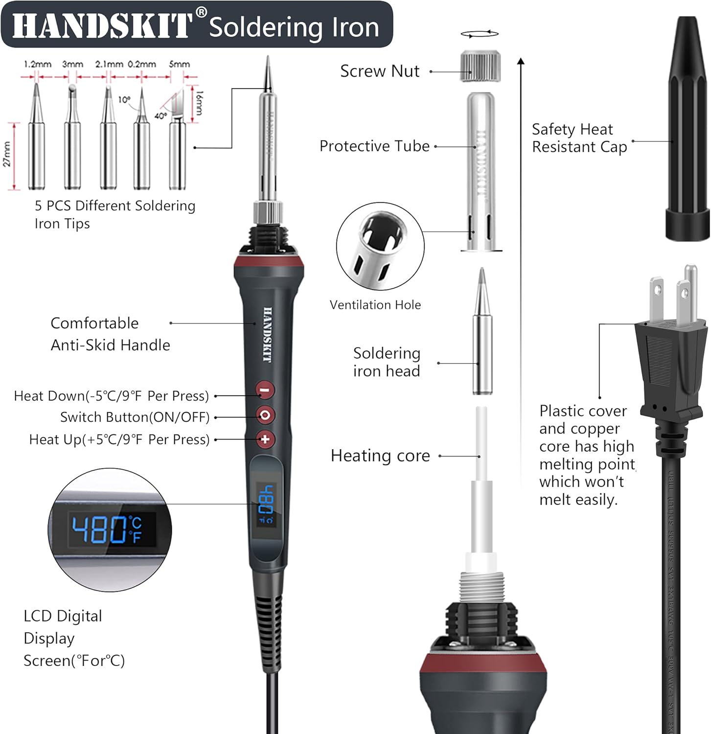 Soldering Iron Kit，Includes 5 Tips, Solder Wire, Stand, Precision Tools for Electronics and Welding Repairs - HANDSKIT