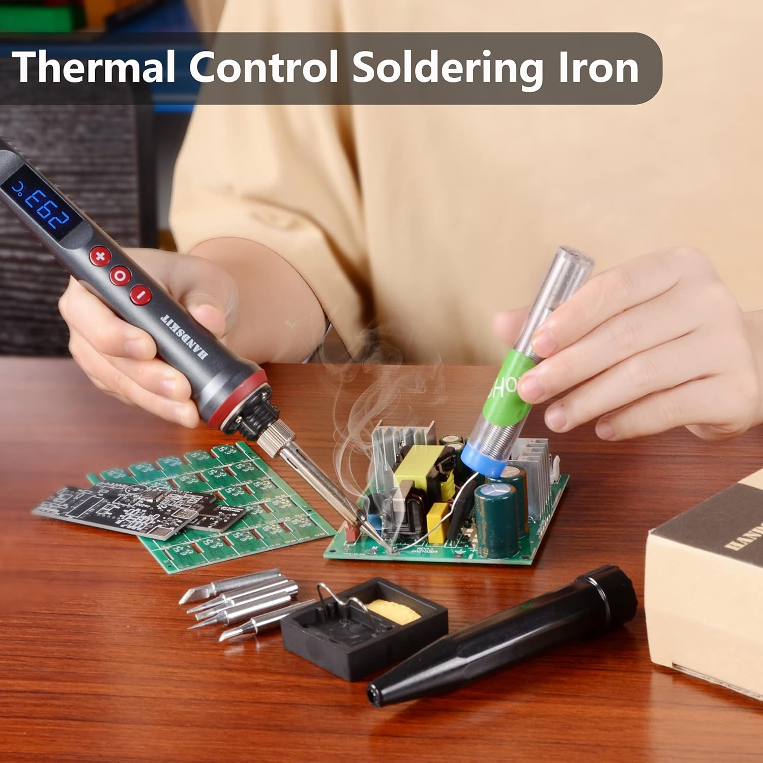 Soldering Iron Kit，Includes 5 Tips, Solder Wire, Stand, Precision Tools for Electronics and Welding Repairs - HANDSKIT