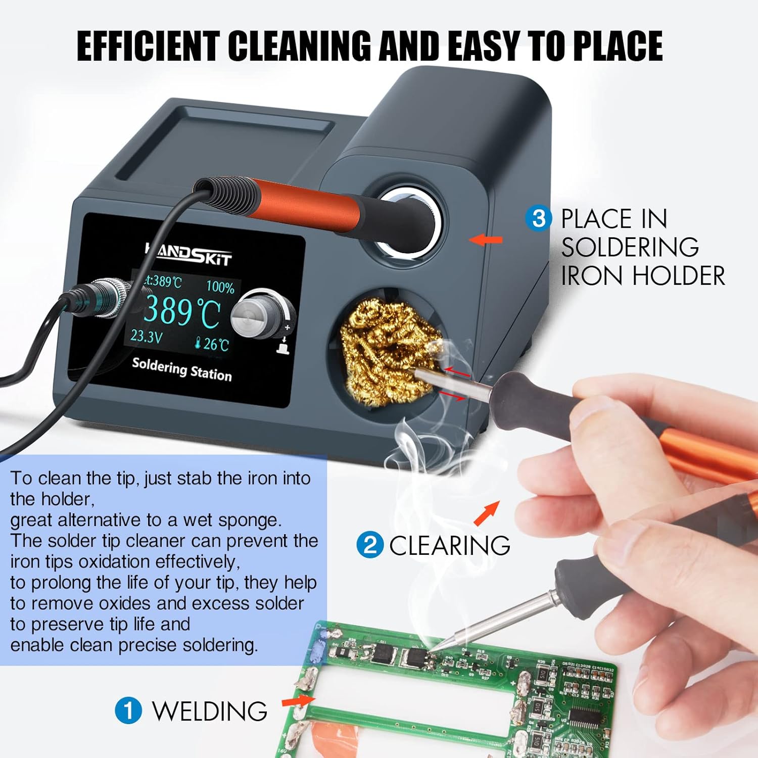 Soldering Iron Station Kit, 72W Digital Display with Adjustable Temperature (150°C - 480°C), OLED Display, Auto Sleep Function, 2 Tips, 50g Solder Wire, Solder Sucker, Tweezers - HANDSKIT