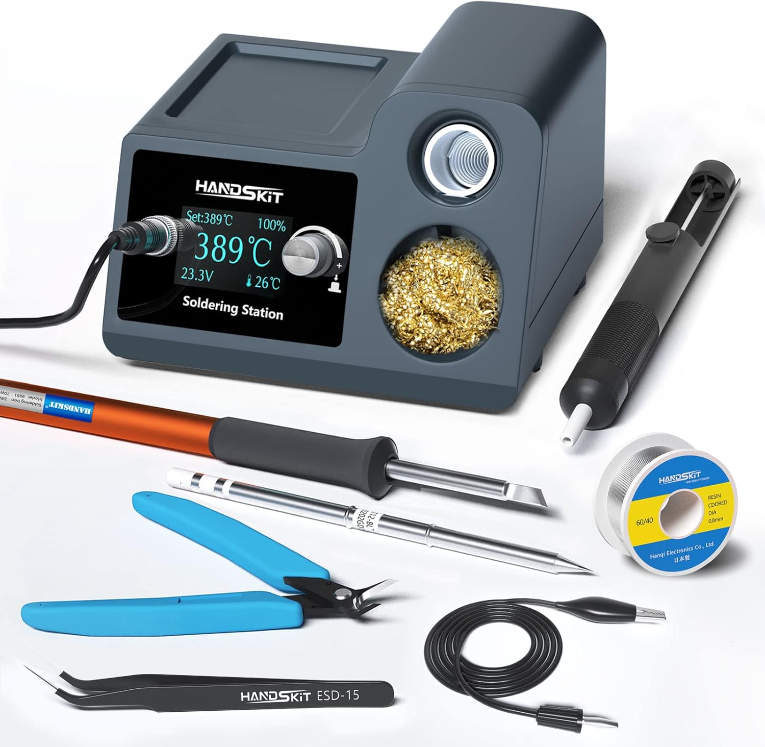 Soldering Iron Station Kit, 72W Digital Display with Adjustable Temperature (150°C - 480°C), OLED Display, Auto Sleep Function, 2 Tips, 50g Solder Wire, Solder Sucker, Tweezers - HANDSKIT