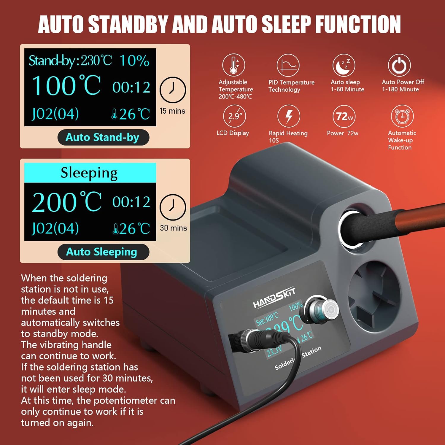 Soldering Iron Station Kit, 72W Digital Display with Adjustable Temperature (150°C - 480°C), OLED Display, Auto Sleep Function, 2 Tips, 50g Solder Wire, Solder Sucker, Tweezers - HANDSKIT